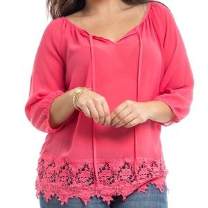 Plus Size Coral Lace Trim Chiffon Blouse